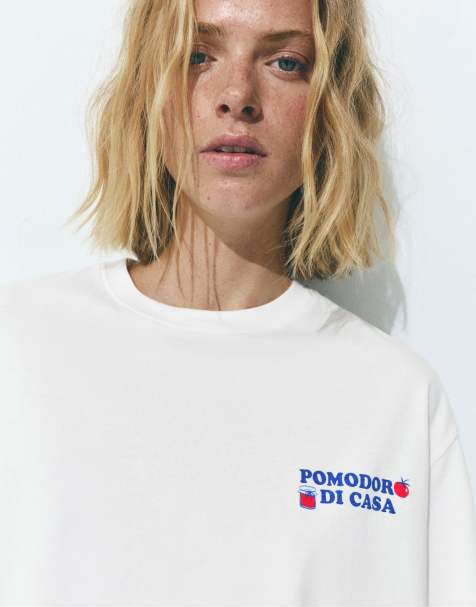 Pull&Bear – T-Shirt in Eisweiß mit „Pomodoro“-Print - view 1