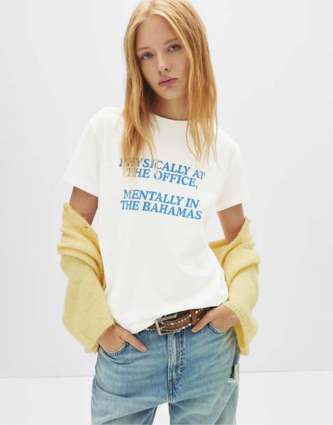 Pull&Bear – T-Shirt in Eisweiß mit Spruch - view 1