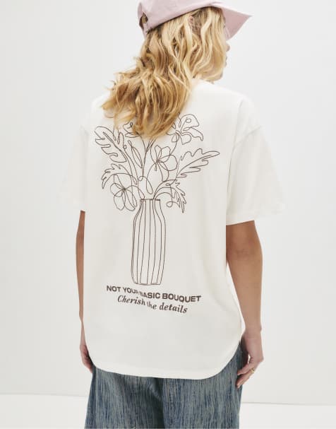 Pull&Bear – T-Shirt in Eisweiß mit Vasen-Print - view 1