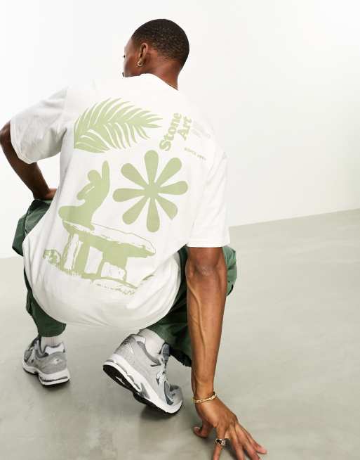Pull&Bear – T-Shirt in gebrochenem Weiß mit „Stone Art“-Print