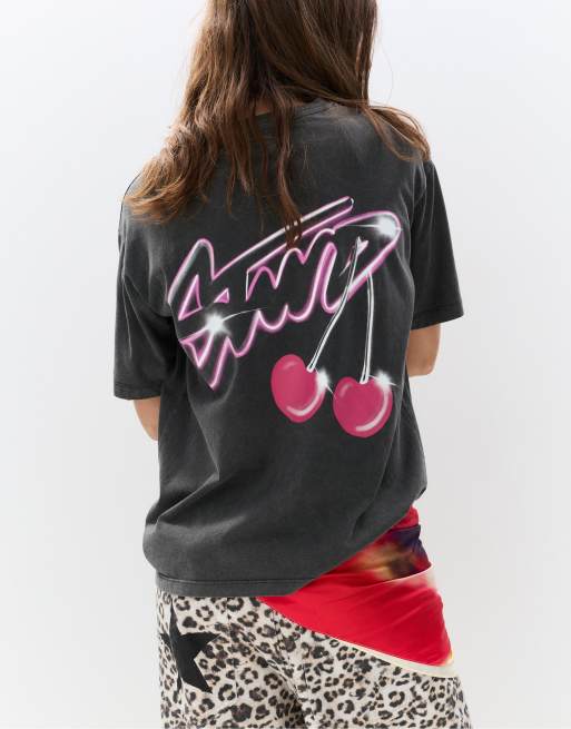 Pull&Bear – T-Shirt in Grau mit „STWD“-Kirschprint