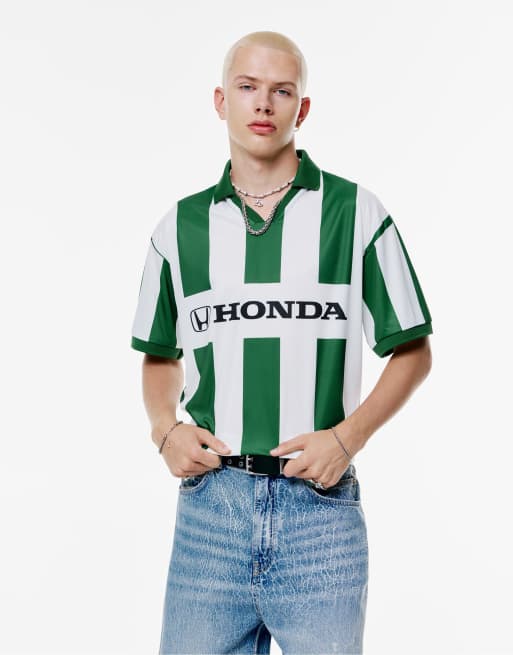 Pull&Bear – T-Shirt in Grün/Ecru mit „Honda“-Print und Polokragen