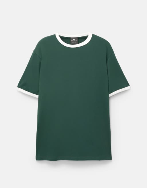 Pull&Bear – T-Shirt in Grün mit gerippten Rändern