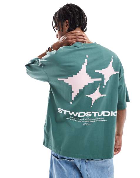 Pull&Bear – T-Shirt in Grün mit „STWD“-Grafikprint hinten - view 1