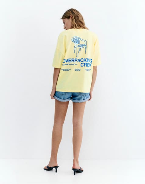 Pull&Bear – T-Shirt in Hellgelb mit Stuhl-Print - view 1