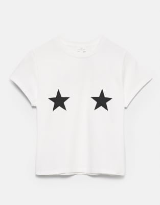 Pull & Bear - T-Shirt in kühlem Weiß mit Stern-Print