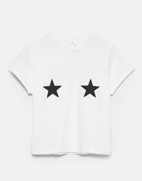 Pull&Bear – T-Shirt in kühlem Weiß mit Stern-Print - view 1