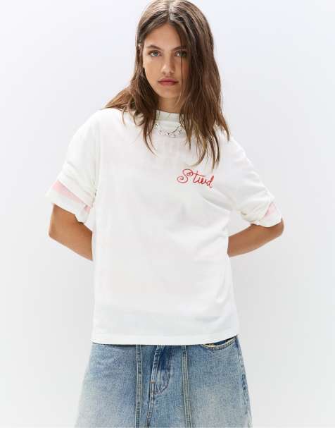 Pull&Bear – T-Shirt in kühlem Weiß mit „STWD“-Logo und Tortenprint - view 1