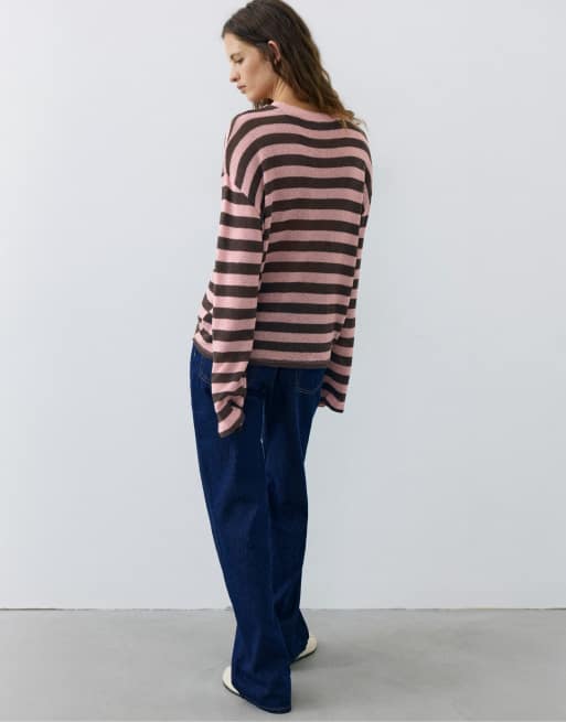 Pull&Bear T-shirt in maglia a righe marrone, 2 di 7