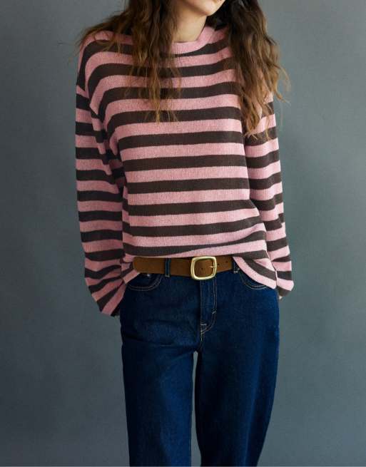 Pull&Bear T-shirt in maglia a righe marrone, 4 di 7
