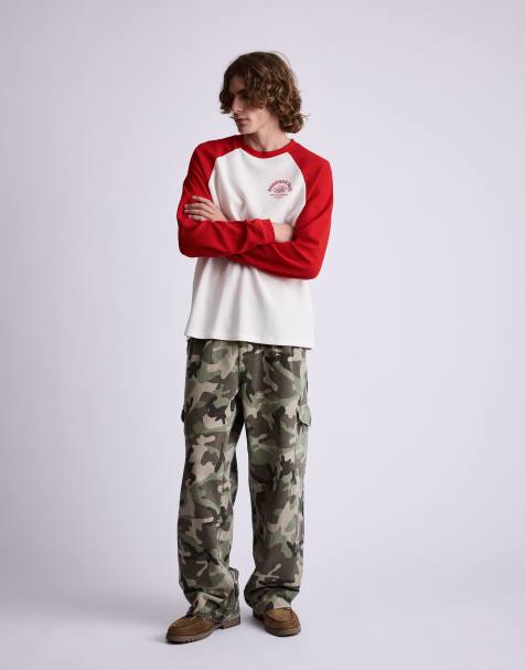 Pull&Bear t-shirt in maglia waffle con maniche raglan rossa - view 1