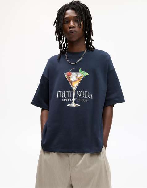 Pull&Bear – T-Shirt in Marineblau mit Cocktailglas-Print - view 1