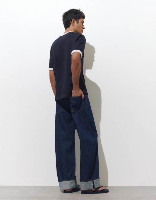 Pull&Bear – T-Shirt in Marineblau mit Kontraststreifen, 2 von 7