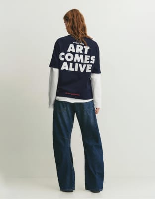 Pull & Bear - T-Shirt in Marineblau mit „The Met"-Schriftzug