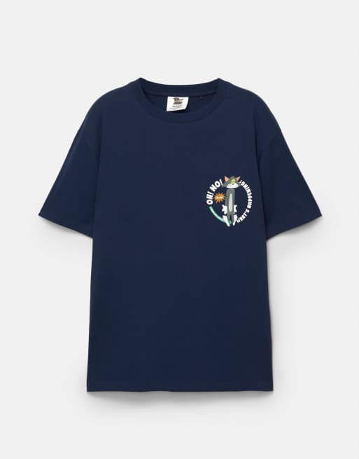 Pull&Bear – T-Shirt in Marineblau mit „Tom and Jerry“-Print