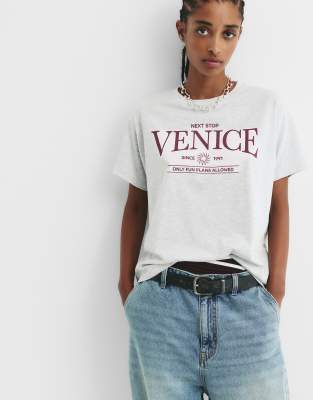 Pull & Bear - T-Shirt in meliertem Grau mit „Authentic"-Grafikprint