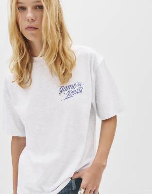 Pull & Bear - T-Shirt in meliertem Grau mit Billiards-Grafikprint