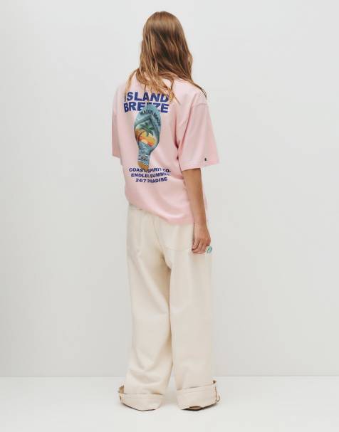 Pull&Bear – T-Shirt in Rosa mit Grafik - view 1