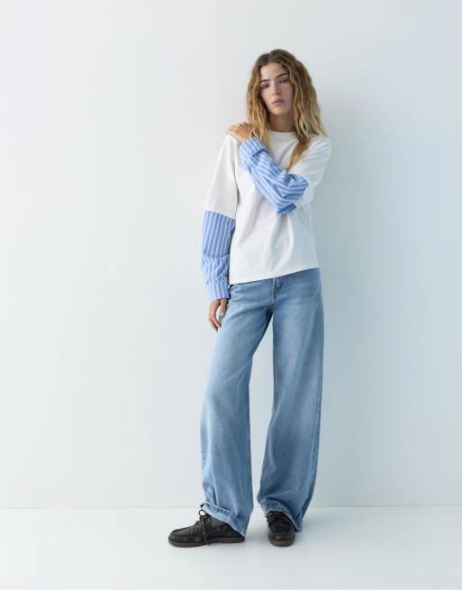 Pull&Bear – T-Shirt in Sandbeige mit zweilagigen Kontrastärmeln, 2 von 4