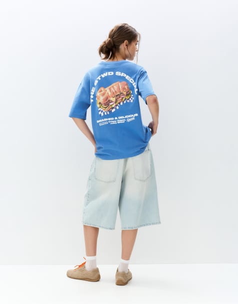 Pull&Bear – T-Shirt in sattem Blau mit Hamburgermotiv und „STWD“-Print - view 1