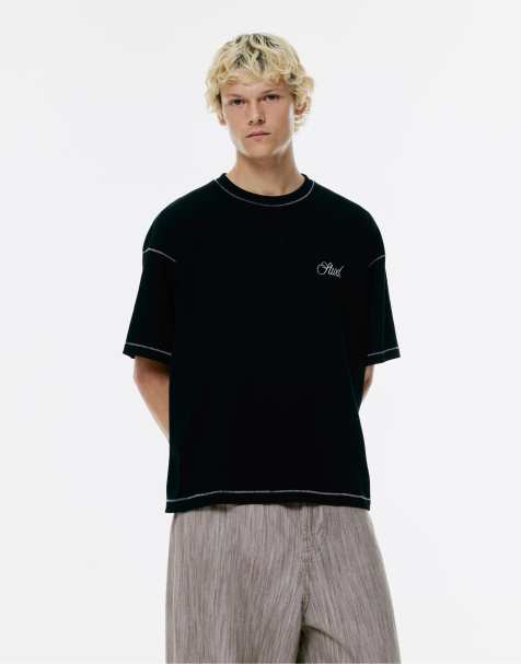 Pull&Bear – T-Shirt in Schwarz mit Kontrastnaht und „STWD Studio“-Print - view 1