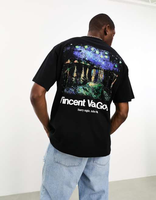Pull&Bear – T-Shirt in Schwarz mit „Van Gogh“-Rückenprint