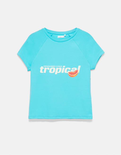 Pull&Bear – T-Shirt in Türkis mit Frucht-Print, 4 von 4