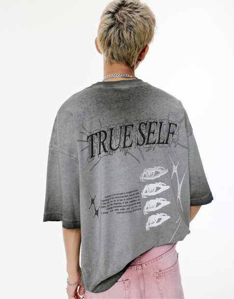 Pull&Bear – T-Shirt in verwaschenem Schwarz mit „True Self"-Print - view 1