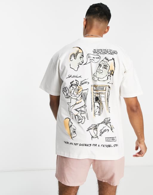 Pull&Bear – T-Shirt in Weiß mit Comic-Grafikprint hinten