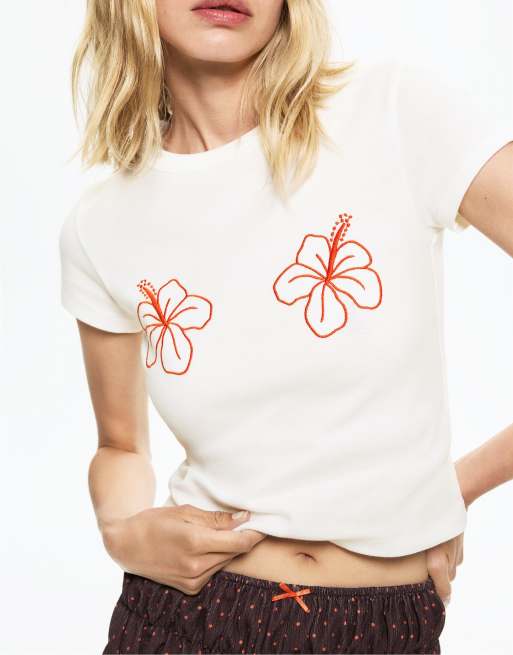 Pull & Bear - T-Shirt in Weiß mit Hibiskus-Blumen-Print