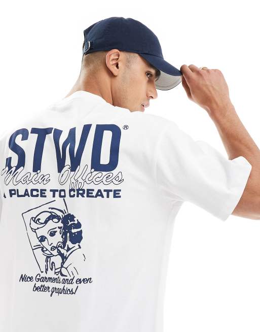 Pull&Bear – T-Shirt in Weiß mit „STWD“-Grafikprint
