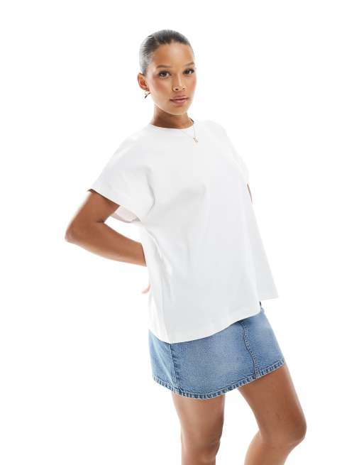 Pull&Bear – T-Shirt in Weiß mit überschnittenen Schultern