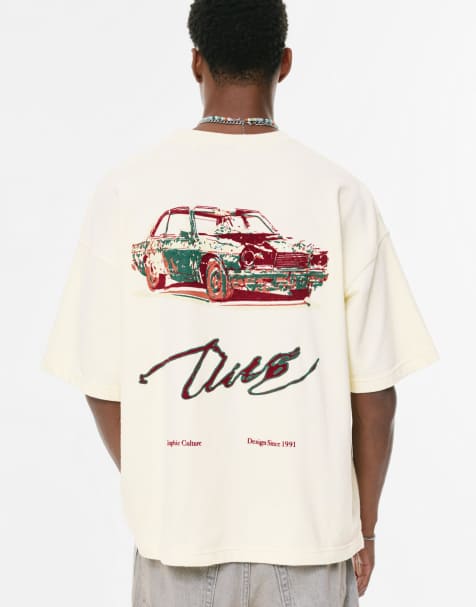 Pull&Bear – T-Shirt in Wollweiß mit „Auto"-Grafikprint - view 1