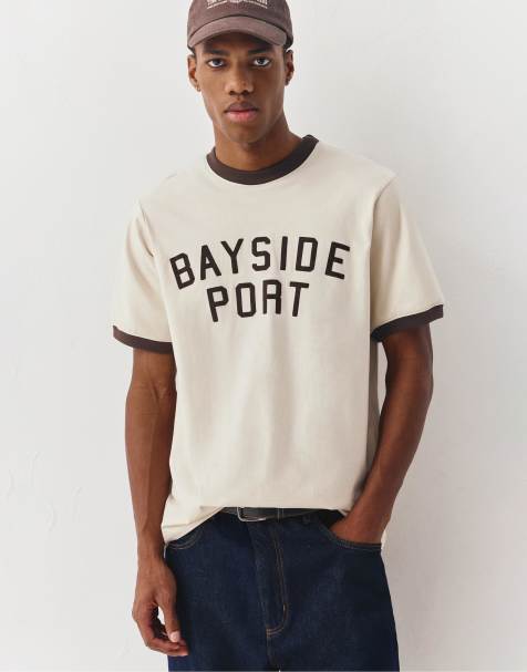 Pull&Bear – T-Shirt in Wollweiß mit „Bayside Port“-Print - view 1