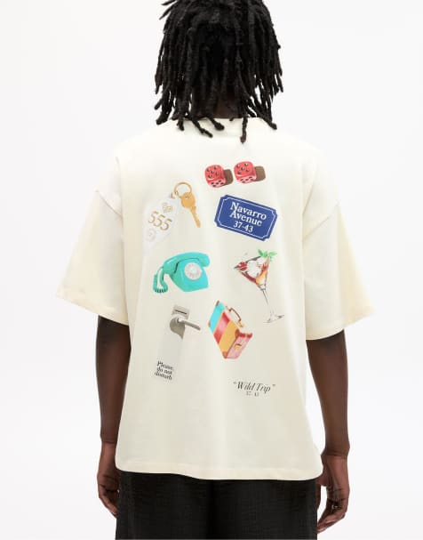 Pull&Bear – T-Shirt in Wollweiß mit Würfelprint - view 1