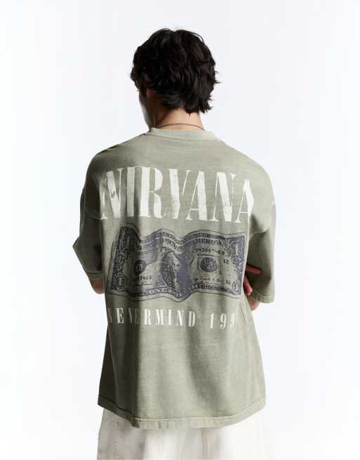 Pull&Bear - T-shirt kaki con stampa dei Nirvana, 2 di 4