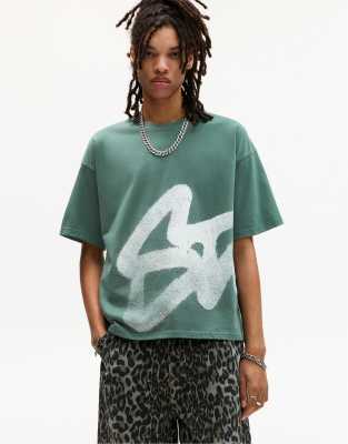 Pull & Bear - T-shirt manches courtes à logo STWD - Vert effet usé