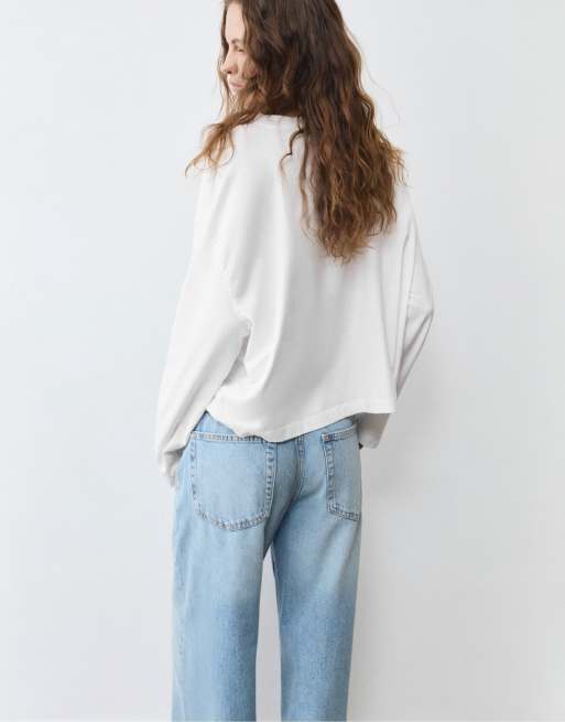 Pull&Bear t-shirt manches longues coupe carrée blanc, 2 de 7