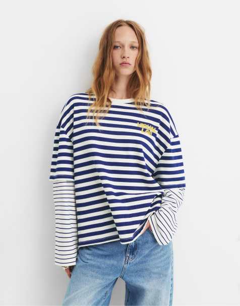 Pull&Bear - T-shirt marrone a righe con maniche doppie - view 1