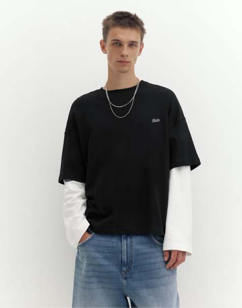 Pull&Bear t-shirt med dubbla ärmar i svart - view 1