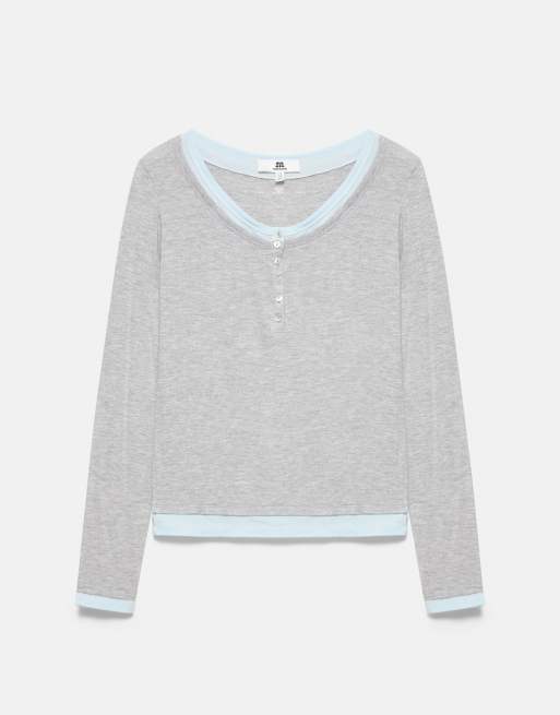 Pull&Bear T-shirt med knapper og dobbeltlag i gråmeleret, 6 af 7