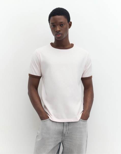 Pull&Bear T-shirt med kontrastkant i pink - view 1