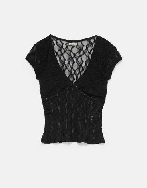 Pull&Bear t-shirt med nitar och spets i svart, 6 av 7