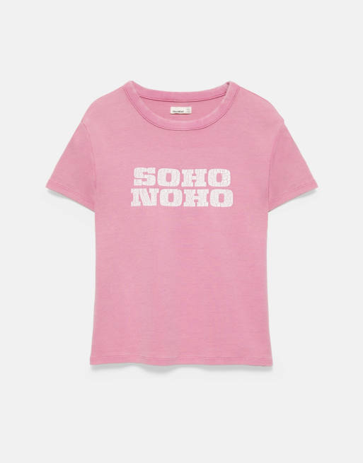Pull&Bear t-shirt med sprucken textgrafik i rosa, 5 av 7