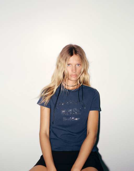 Pull&Bear t-shirt med strassgrafik i marinblått, 3 av 7