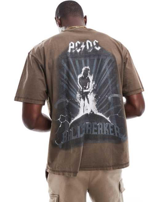 Pull&Bear - T-shirt met ACDC-print op de achterkant in bruin met wassing