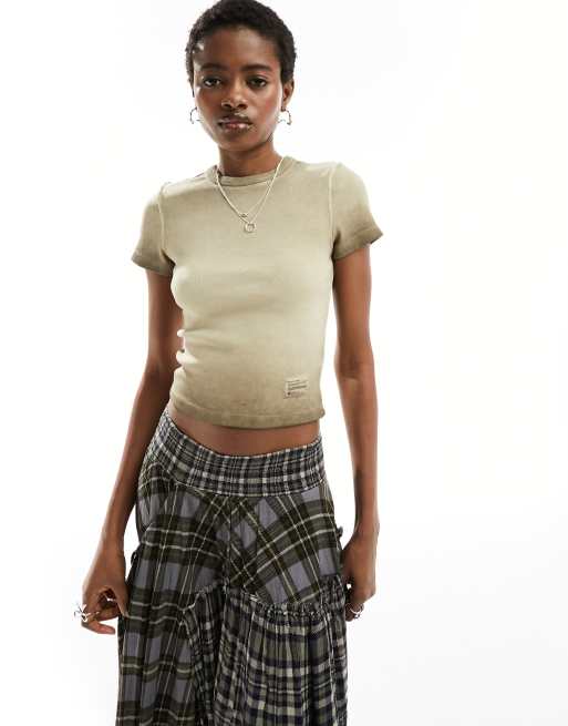 Pull&Bear - T-shirt met acid wash in ecru bruin