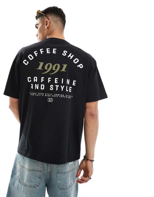 Pull&Bear - T-shirt met Coffee Shop-print op de achterkant in zwart met wassing