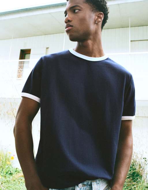 Pull&Bear - T-shirt met contrasterende randen in marineblauw, 6 van 7