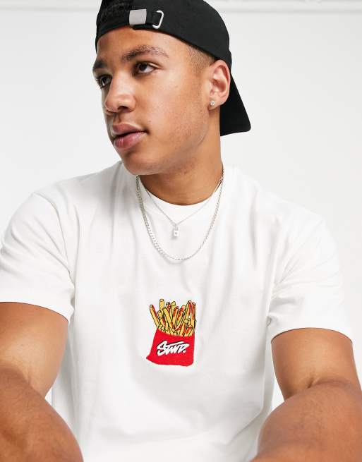 Pull&Bear - T-shirt met geborduurde frietjes in wit